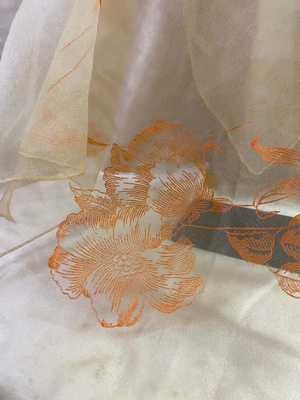 Vintage Floral Embroidered Nylon and Rayon Sheer Scarf